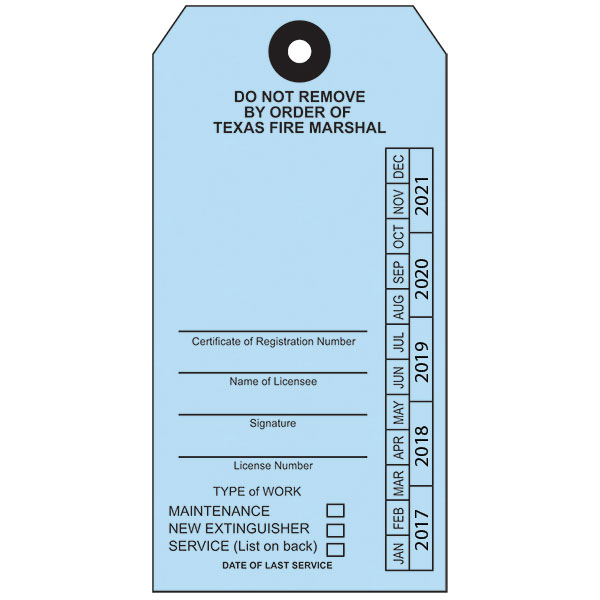 Customized Texas Extinguisher Service Tags, Blue